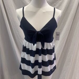 Hollister Tie Front Babydoll Tank Top Navy Blue White Stripe Size Medium NWT